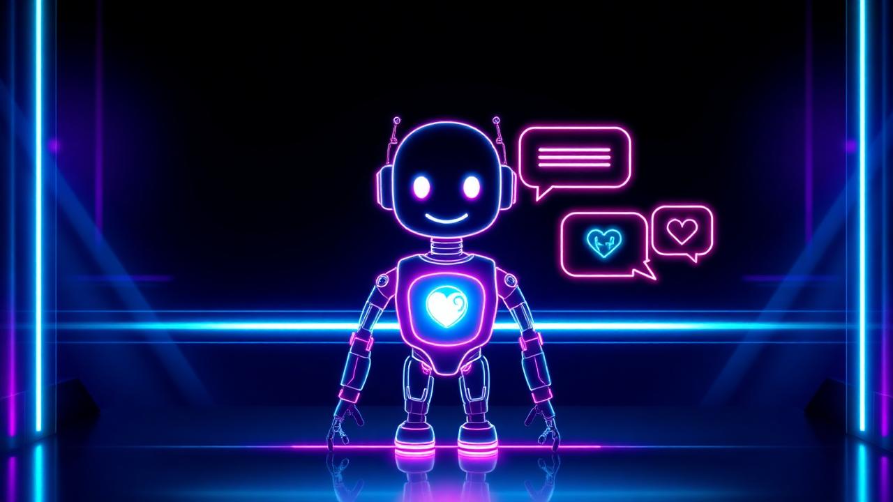 Robô de inteligência artificial em neon representando o WellBot da Haas Digital